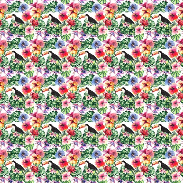 Krásné světlé krásné barevné tropické Havaji květinové bylinné letní vzor tropické květy ibišku, dlaněmi listy, krásné barevné tropické ptáky a tukanovití na náčrtu akvarel ruku větev — Stock fotografie