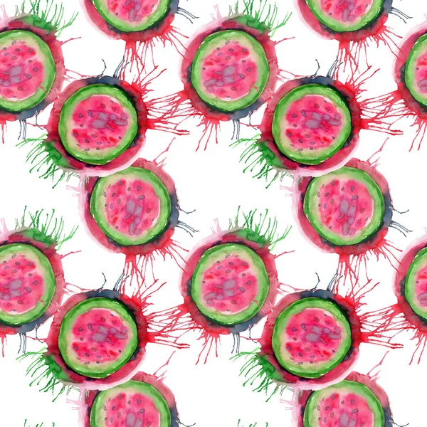 Soyut parlak renkli lezzetli lezzetli lezzetli olgun sulu tatlı güzel kırmızı yaz Sonbahar lekesi ve sprey desen suluboya el illüstrasyon ile karpuz kestim. Tekstil, duvar kağıtları, kartları için mükemmel