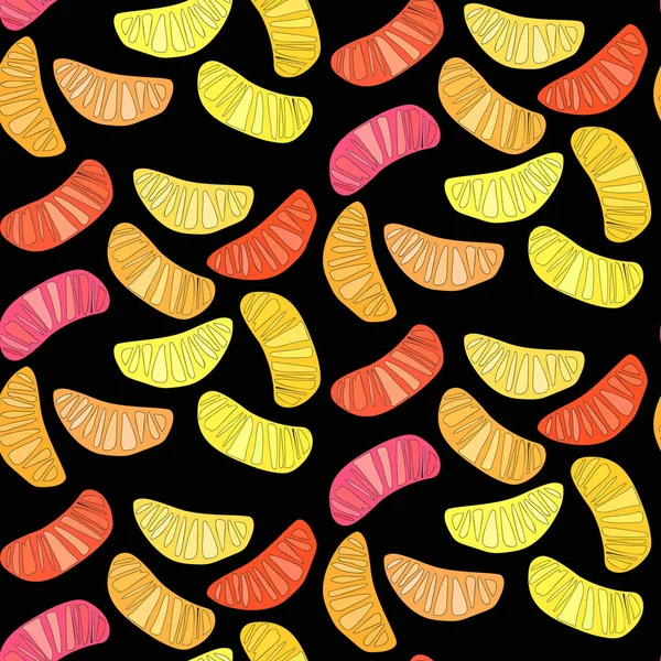 Brillante colorido delicioso sabroso delicioso maduro jugoso naranja encantadora verano postre naranja y limón rebanadas patrón de fondo negro vector ilustración. Perfecto para textiles, fondos de pantalla, tarjetas — Vector de stock