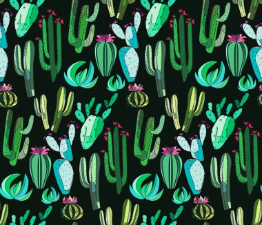 Sevimli güzel soyut güzel Meksika tropikal çiçek bitkisel yeşil dizi bir kaktüs boya koyu arka plan vektör çizim çocuk desen gibi. Tekstil, duvar kağıtları, kağıt sarma için mükemmel