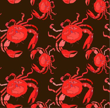 Parlak şirin güzel grafik yaz deniz lezzetli lezzetli deseni turuncu yengeçler vektör çizim. Mükemmel restoran menü, tebrik kartı ve Tekstil