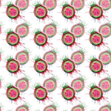 Soyut parlak renkli lezzetli lezzetli lezzetli olgun sulu tatlı güzel kırmızı yaz Sonbahar lekesi ve sprey desen suluboya el illüstrasyon ile karpuz kestim. Tekstil, duvar kağıtları, kartları için mükemmel