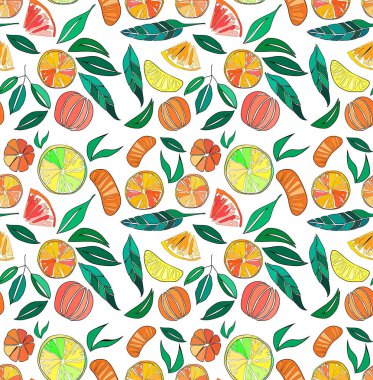 olorful lezzetli lezzetli lezzetli olgun sulu güzel turuncu yaz Sonbahar tatlı dilimlerini portakal ve mandalina desen vektör çizim. Tekstil, duvar kağıtları, kartları için mükemmel