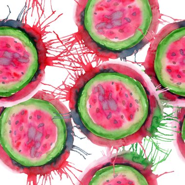 Soyut parlak renkli lezzetli lezzetli lezzetli olgun sulu tatlı güzel kırmızı yaz Sonbahar lekesi ve sprey desen suluboya el illüstrasyon ile karpuz kestim. Tekstil, duvar kağıtları, kartları için mükemmel