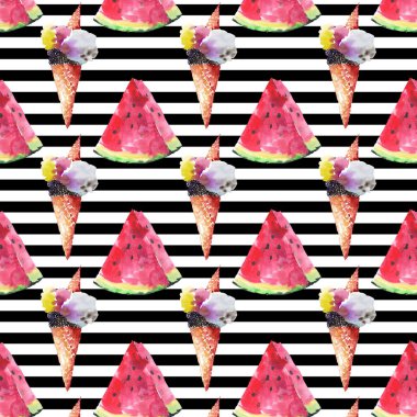 Güzel parlak lezzetli lezzetli çikolata tatlı renkli nefis olgun sulu yaz Sonbahar dondurma waffle boynuz ve dilim karpuz desen siyah çizgiler arka plan suluboya el kroki üzerinde
