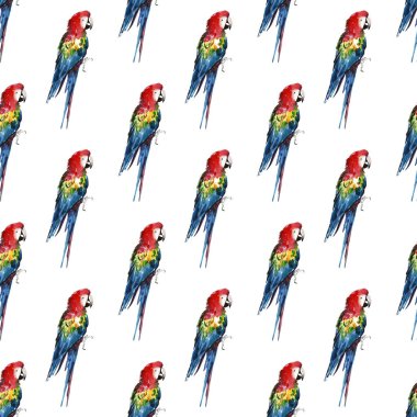 Parlak renkli güzel güzel sofistike orman tropik sarı, yeşil, kırmızı ve mavi büyük tropik papağan köşegen desen suluboya el illüstrasyon model