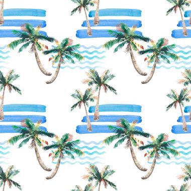 Güzel parlak sevimli yeşil tropikal güzel harika hawaii çiçek bitkisel yaz desen bir plaj gün batımı, palmiye ağacı, deniz, kırmızı güneş ve plaj suluboya el kroki