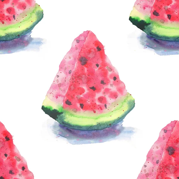 Parlak renkli lezzetli lezzetli lezzetli olgun sulu tatlı kırmızı yaz Sonbahar taze tatlı dilim karpuz gölge desen suluboya çizimi uzat. Tekstil, duvar kağıtları, kartları için mükemmel