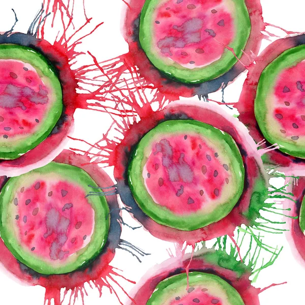 Soyut parlak renkli lezzetli lezzetli lezzetli olgun sulu tatlı güzel kırmızı yaz Sonbahar lekesi ve sprey desen suluboya el illüstrasyon ile karpuz kestim. Tekstil, duvar kağıtları, kartları için mükemmel