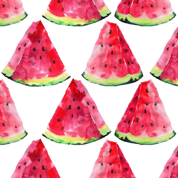 Parlak renkli lezzetli lezzetli lezzetli olgun sulu tatlı kırmızı yaz Sonbahar taze tatlı dilim karpuz gölge desen suluboya çizimi uzat. Tekstil, duvar kağıtları, kartları için mükemmel