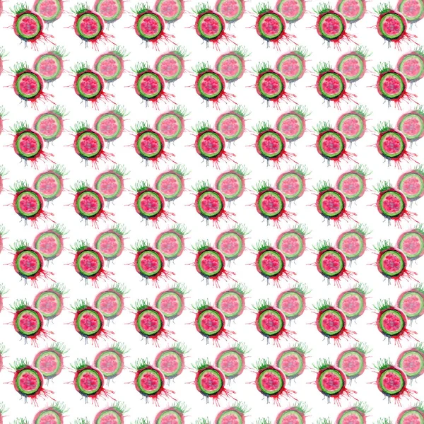 Abstrato brilhante colorido delicioso saboroso saboroso maduro suculento bonito adorável vermelho verão outono corte melancia com manchas e padrão de pulverização aquarela mão ilustração. Perfeito para têxteis, papéis de parede, cartões — Fotografia de Stock