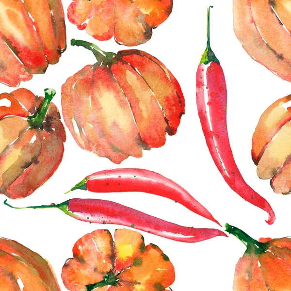 Piękny piękny graficzny Artystyczny Abstrakcja jasne ładny pomarańczowy dynie halloween i szkic akwarela ręka jasny czerwony gorący papryki chili — Zdjęcie stockowe