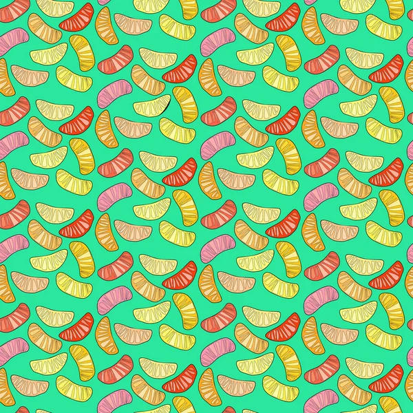 Brillante colorido delicioso sabroso delicioso maduro jugoso naranja encantadora verano postre naranja y limón rebanadas patrón en verde vector de fondo ilustración. Perfecto para textiles, fondos de pantalla, tarjetas — Vector de stock