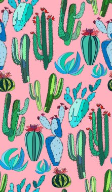 Parlak şirin güzel soyut güzel Meksika tropikal çiçek bitkisel yaz yeşil kaktüs boya pembe arka plan vektör çizim üzerinde çocuk seviyorum. Tekstil, duvar kağıtları, kağıt sarma için mükemmel