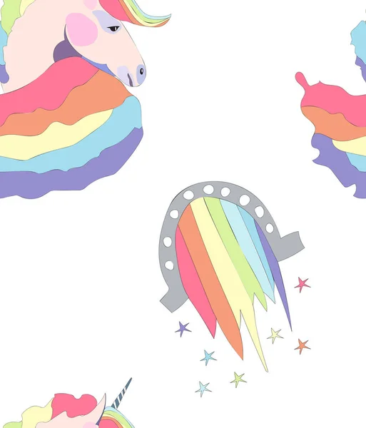 Hermosa hermosa hermosa hada linda mágica unicornios coloridos y arco iris patrón de ilustración vectorial. Perfecto para felicitación y tarjeta de cumpleaños, boda, invitación, diseño textil — Archivo Imágenes Vectoriales