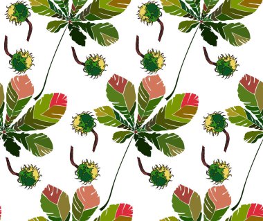Güzel harika grafik parlak çiçek bitkisel sonbahar yeşil kestane yaprakları ve kestane desen vektör çizim. Tekstil, duvar kağıtları, ambalaj kağıdı, tebrik kartları için mükemmel