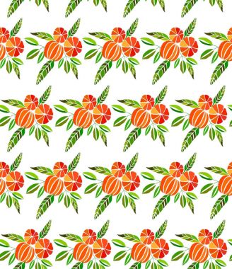 Güzel parlak renkli lezzetli lezzetli lezzetli olgun sulu güzel turuncu yaz Sonbahar tatlı dilimlerini portakal ve mandalina desen vektör çizim. Tekstil, duvar kağıtları, kartları için mükemmel