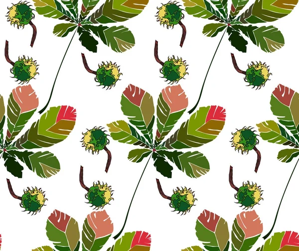 Mooie prachtige grafische heldere bloemen kruiden herfst groen kastanje bladeren en kastanjes patroon vectorillustratie. Perfect voor textiel, behang, inpakpapier, wenskaarten — Stockvector