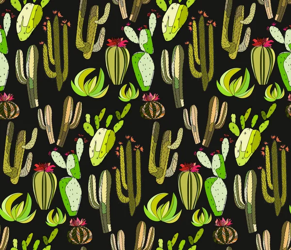 Sevimli güzel soyut güzel Meksika tropikal çiçek bitkisel yeşil dizi bir kaktüs boya koyu arka plan vektör çizim çocuk desen gibi. Tekstil, duvar kağıtları, kağıt sarma için mükemmel