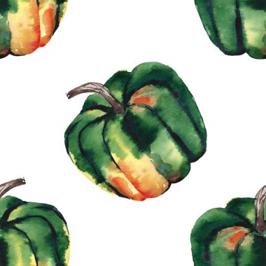 Grafik sanatsal soyut parlak sevimli sonbahar olgun lezzetli renkli yeşil halloween pumpkins suluboya el illüstrasyon model. Tekstil, duvar kağıtları, tebrik kartı, arka planlar için mükemmel