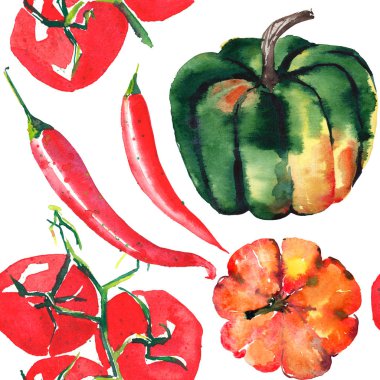 Güzel güzel grafik sanatsal soyut parlak şirin Cadılar Bayramı turuncu, yeşil kabak, kırmızı sıcak biber biber ve domates şube seamless modeli Rastgele Resim Sergisi suluboya el kroki bulunan