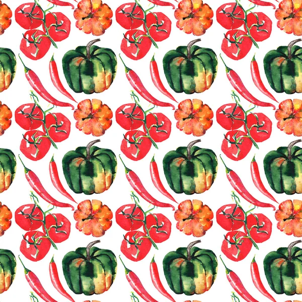 Nahtlose Muster von schönen schönen grafischen künstlerischen abstrakten hell niedlich Halloween orange, grüne Kürbisse, rote Chilischote und Tomatenzweig nach dem Zufallsprinzip Gemälde Aquarell Handskizze — Stockfoto