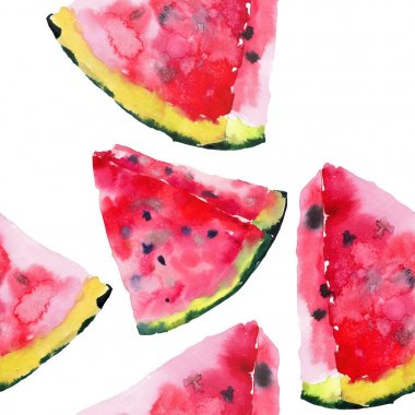 Parlak renkli lezzetli lezzetli lezzetli olgun sulu tatlı güzel kırmızı yaz Sonbahar taze tatlı dilim karpuz desen suluboya çizimi uzat. Tekstil, duvar kağıtları, kartları için mükemmel