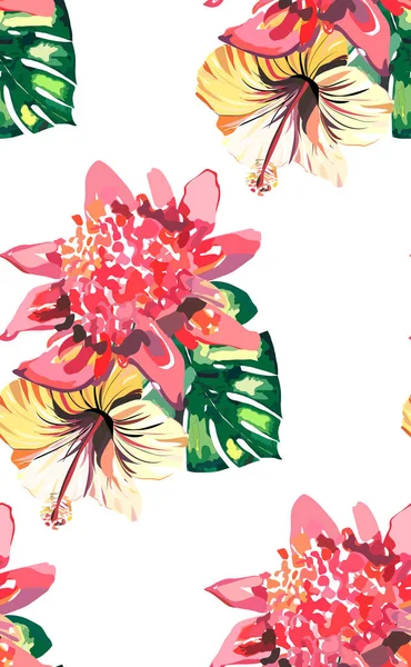 Mooie heldere mooie prachtige tropische hawaii floral kruiden zomer kleurrijke compositie van tropische rood roze gele bloemen en groene palmen verlaat vector hand schets — Stockvector