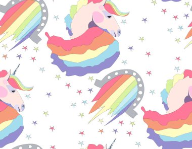 Parlak güzel güzel şirin peri büyülü renkli tek boynuzlu atlar ve gökkuşağı desen vektör çizim