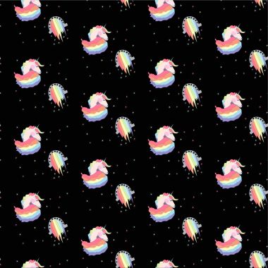 Parlak güzel güzel şirin peri büyülü renkli tek boynuzlu atlar ve siyah arka plan üzerine gökkuşağı desen illüstrasyon vektör