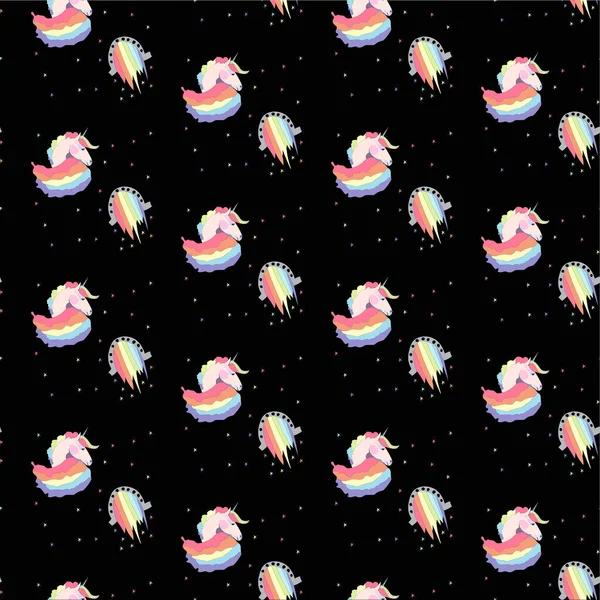 Parlak güzel güzel şirin peri büyülü renkli tek boynuzlu atlar ve siyah arka plan üzerine gökkuşağı desen illüstrasyon vektör