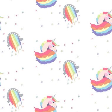 Parlak güzel güzel şirin peri büyülü renkli tek boynuzlu atlar ve gökkuşağı desen vektör çizim