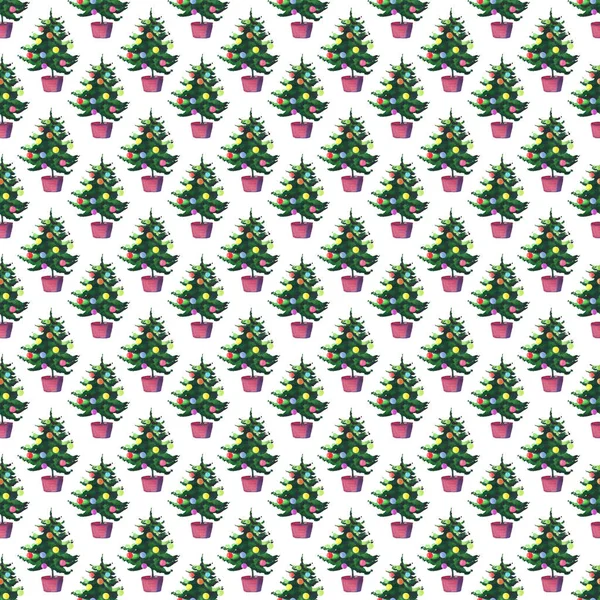 美丽的艺术的美妙的明亮的假日冬季绿色云杉圣诞树在花盆里五颜六色的玩具模式水彩手图。完美的纺织、 壁纸和问候卡 — 图库照片