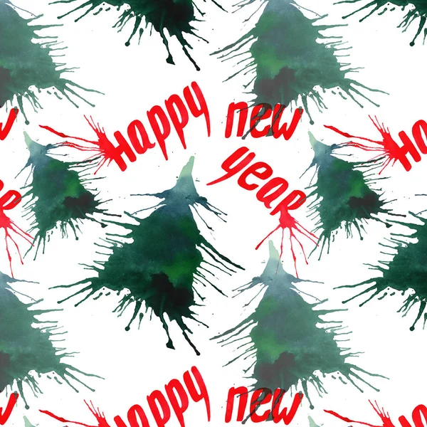 Natale astratto bello artistico luminoso vacanza inverno verde abete rosso con macchie e lettering felice anno nuovo modello acquerello mano illustrazione. Perfetto per cartoline tessili e di auguri — Foto Stock