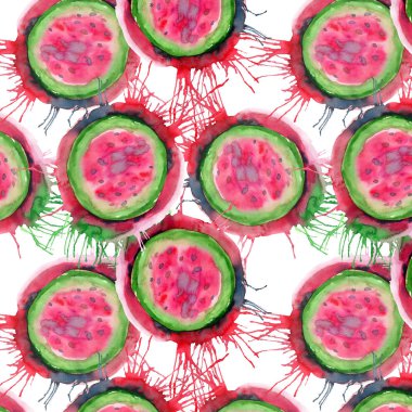 Soyut parlak renkli lezzetli lezzetli lezzetli olgun sulu tatlı güzel kırmızı yaz Sonbahar lekesi ve sprey desen suluboya el illüstrasyon ile karpuz kestim. Tekstil, duvar kağıtları, kartları için mükemmel