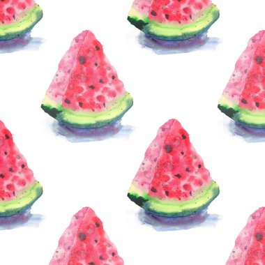 Parlak renkli lezzetli lezzetli lezzetli olgun sulu tatlı kırmızı yaz Sonbahar taze tatlı dilim karpuz gölge desen suluboya çizimi uzat. Tekstil, duvar kağıtları, kartları için mükemmel