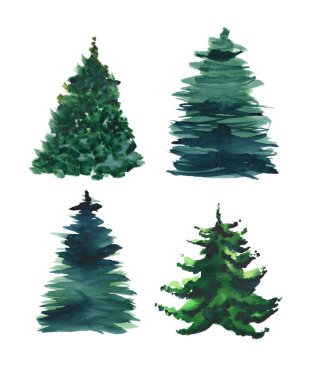 Dört farklı Noel güzel soyut grafik sanatsal muhteşem parlak tatil kış yeşil çam ağaçları ile yeşil suluboya el illüstrasyon sprey. Tekstil, duvar kağıtları, arka planlar ve tebrik kartları için mükemmel