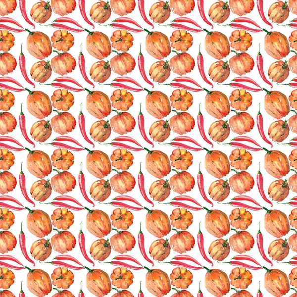 Прекрасні красиві графічні художні абстрактні яскраві милі помаранчеві гарбузи Хеллоуїн і яскраво-червоний гарячий перець чилі акварельний ручний ескіз — стокове фото