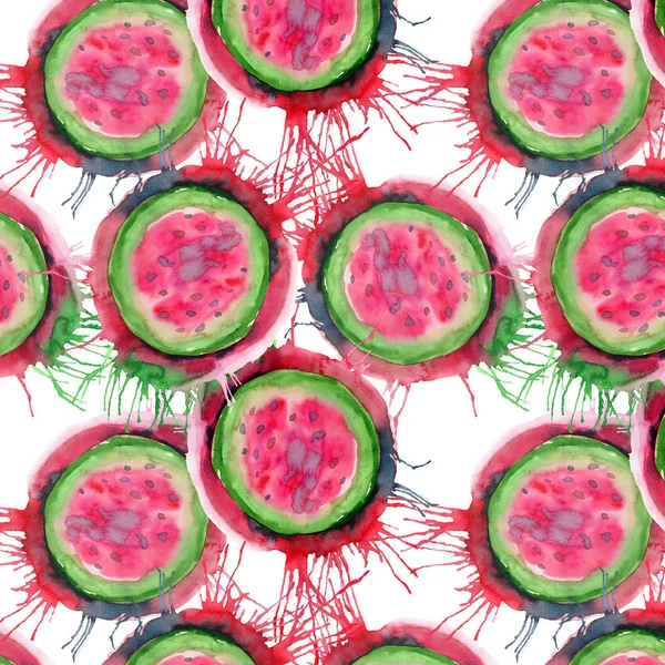 Soyut parlak renkli lezzetli lezzetli lezzetli olgun sulu tatlı güzel kırmızı yaz Sonbahar lekesi ve sprey desen suluboya el illüstrasyon ile karpuz kestim. Tekstil, duvar kağıtları, kartları için mükemmel