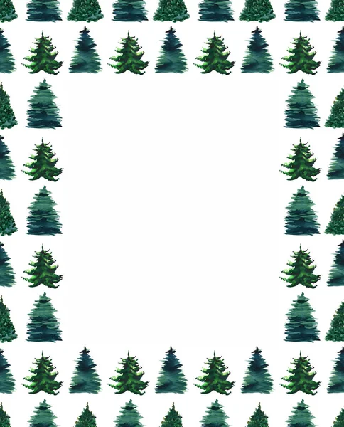 美丽的抽象的图形的艺术的美妙的明亮的假日冬季绿色云杉圣诞树框架水彩手图。完美的纺织、 壁纸、 背景和问候卡 — 图库照片