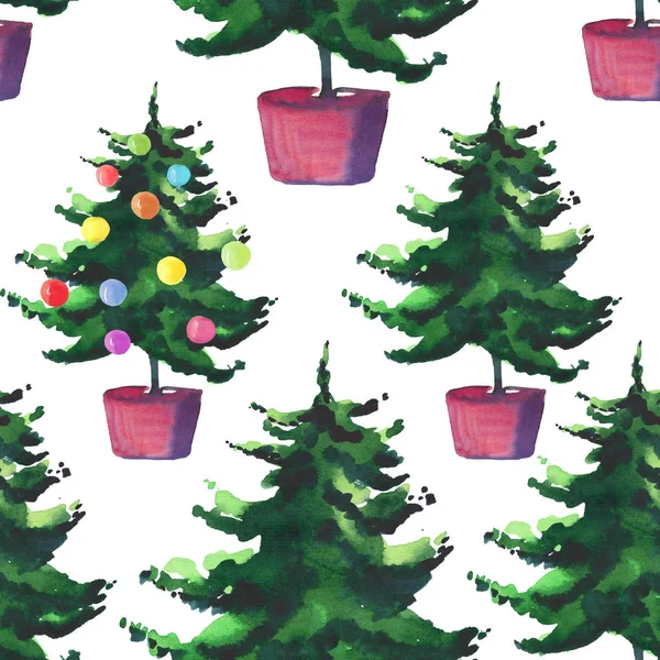 Christmas beautiful artistic wonderful bright holiday winter green spruce trees in pots with colorful toys pattern watercolor hand illustration. Perfect for textile, wallpapers, and greetings cards — Stock Photo, Image