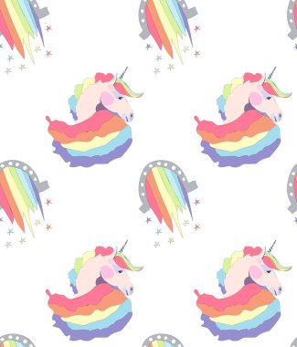 Parlak güzel güzel şirin peri büyülü renkli tek boynuzlu atlar ve gökkuşağı desen vektör çizim. Tebrik ve doğum günü kartı, düğün, davet, tekstil tasarımı için mükemmel