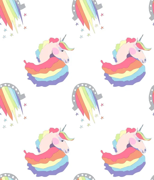 Indah indah indah peri lucu penuh warna unicorn dan pelangi pola vektor ilustrasi. Sempurna untuk ucapan dan kartu ulang tahun, pernikahan, undangan, desain tekstil - Stok Vektor