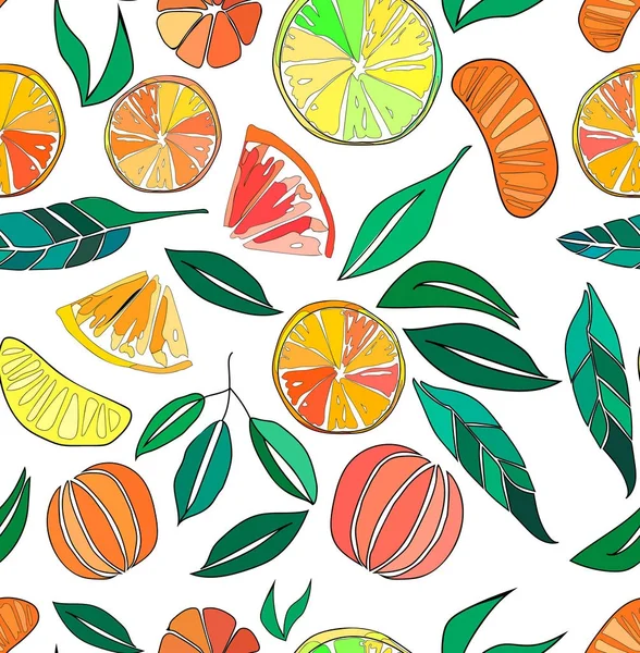 Hermosa brillante colorido delicioso delicioso delicioso madura jugosa naranja encantadora verano postres rebanadas de naranjas y mandarinas patrón de ilustración vectorial. Perfecto para textiles, fondos de pantalla, tarjetas — Vector de stock