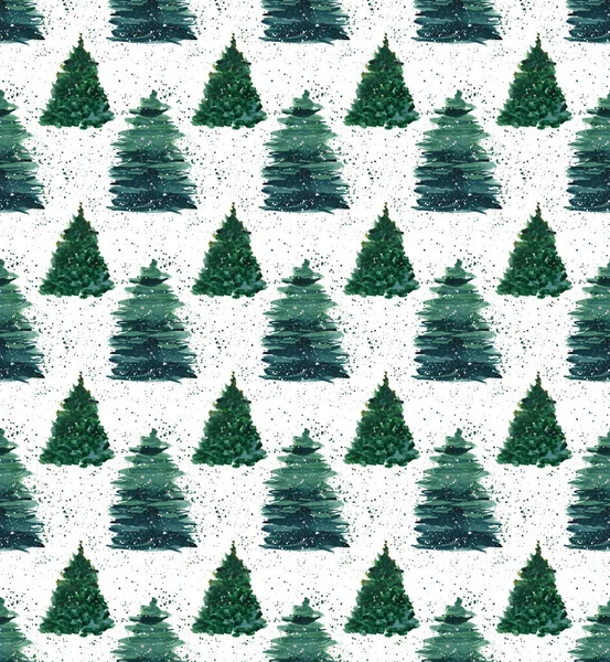 美丽的抽象的图形的艺术的美妙的明亮的假日冬季绿色云杉圣诞树与绿色喷模式水彩手图。完美的纺织、 壁纸、 背景和问候卡 — 图库照片