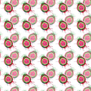 Soyut parlak renkli lezzetli lezzetli lezzetli olgun sulu tatlı güzel kırmızı yaz Sonbahar lekesi ve sprey desen suluboya el illüstrasyon ile karpuz kestim. Tekstil, duvar kağıtları, kartları için mükemmel