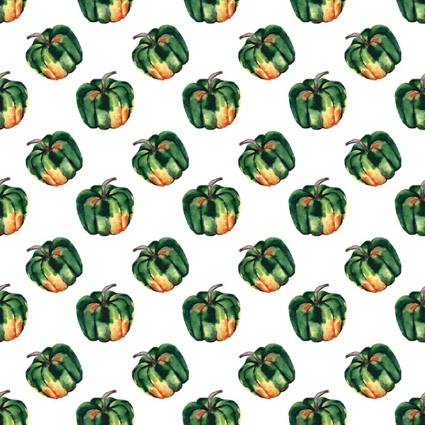 Gráfico artístico abstracto brillante lindo otoño maduro sabroso colorido halloween calabazas verdes patrón acuarela mano ilustración. Perfecto para textiles, fondos de pantalla, tarjetas de felicitación, fondos — Foto de Stock