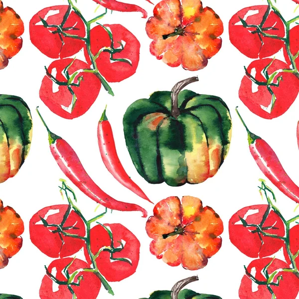 Patrón inconsútil de hermoso gráfico gráfico abstracto brillante lindo halloween naranja, calabazas verdes, pimiento rojo picante y rama de tomate situado en pinturas al azar acuarela boceto de mano — Foto de Stock