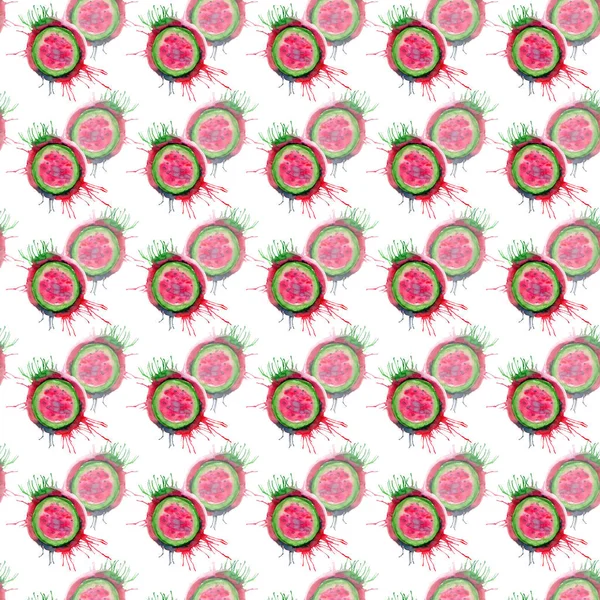 Abstracte heldere kleurrijke heerlijke smakelijke lekker rijpe sappige schattige mooie rode zomer herfst gesneden watermeloen met vlekken en spray patroon aquarel hand illustratie. Perfect voor textiel, behang, kaarten — Stockfoto