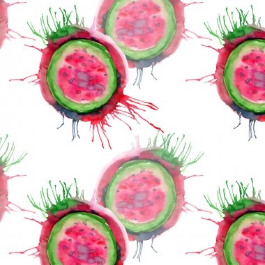 Soyut parlak renkli lezzetli lezzetli lezzetli olgun sulu tatlı güzel kırmızı yaz Sonbahar lekesi ve sprey desen suluboya el illüstrasyon ile karpuz kestim. Tekstil, duvar kağıtları, kartları için mükemmel